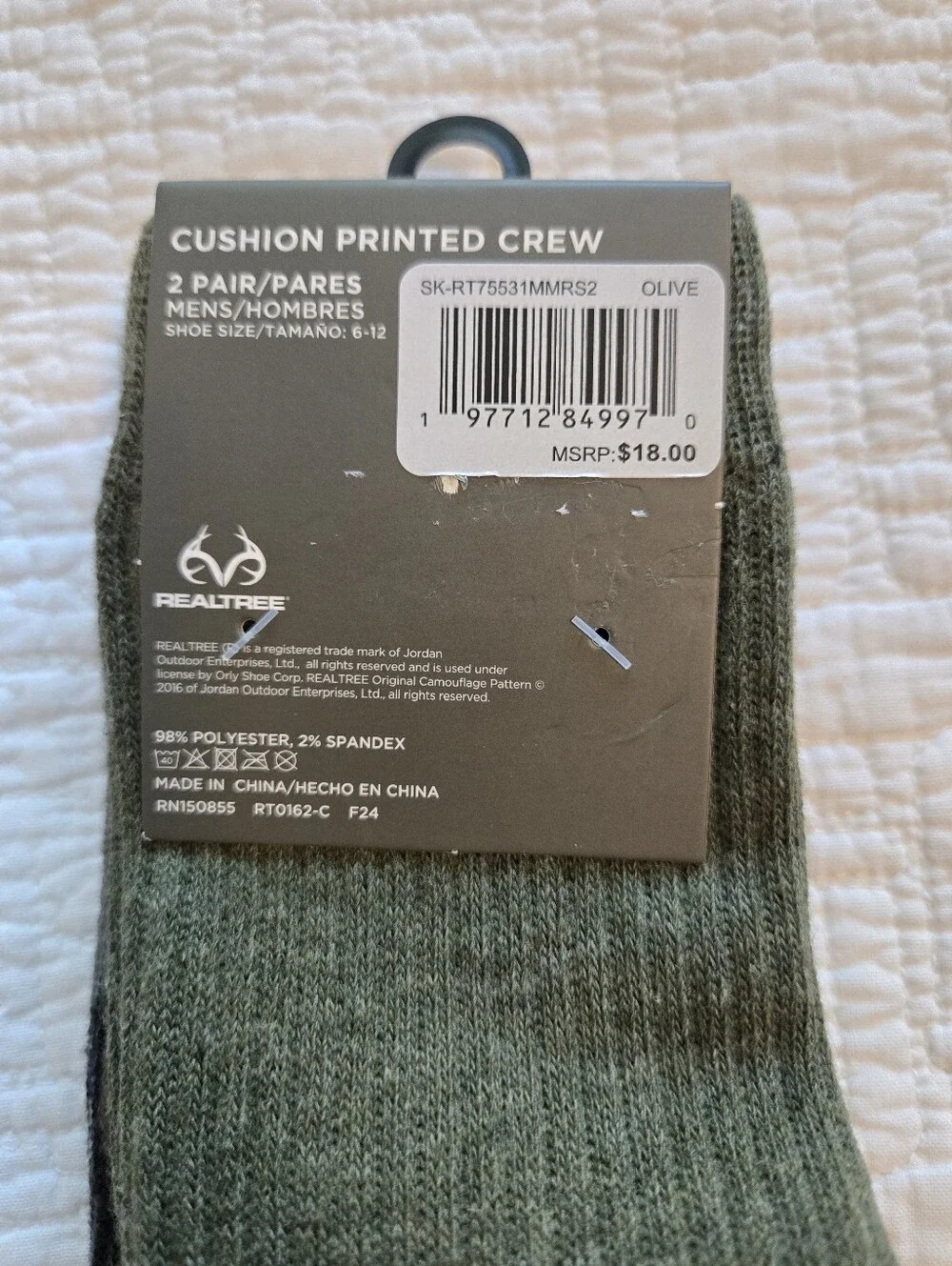Realtree Original Men's Patterned Crew Socks in Black, Gray and Olive